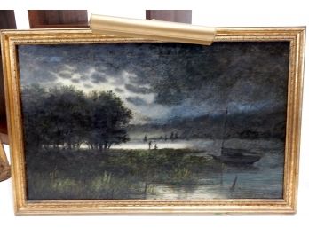 Large Antique Nocturnal Oil Painting Seashore Backer- Light Fixture