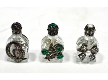 Set 3 Vintage French Miniature Perfume Bottles Silver W/ Gems - Owl Bow Flowers