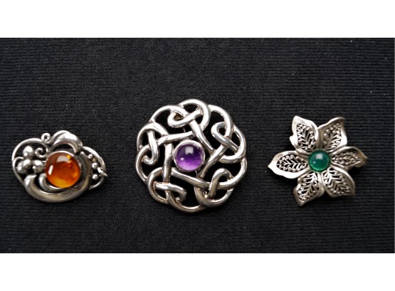 Three Sterling Silver Brooches - Pins