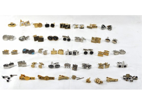 Men's Jewelry Lot: 32 Pairs Cufflinks, Tie Clips, Buttons