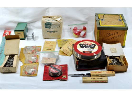 Vintage Fishing Lot - Bait Box, Knife, Hooks  Etc.