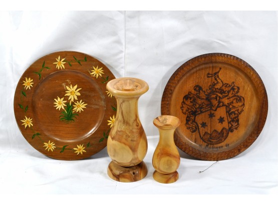 Lot Vintage Hand Made Wood Vases & Plates