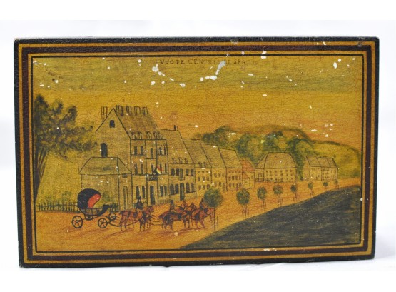 Antique Wood Trinket Box With Painted City View & Inscription