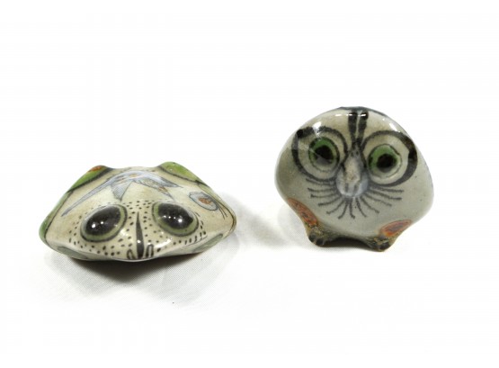 Pair Small Art Pottery Figures Owl & Frog - Signed