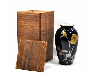Vintage Japanese Noritake Cobalt Blue Vase Gold And Silver - With Wood Box