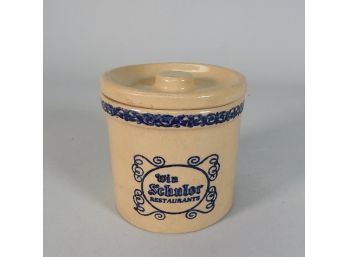 Vintage Win Schuler Restaurants Crock With Lid USA Pottery 4.5 In Tall