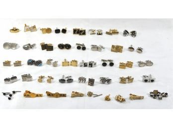 Men's Jewelry Lot: 32 Pairs Cufflinks, Tie Clips, Buttons