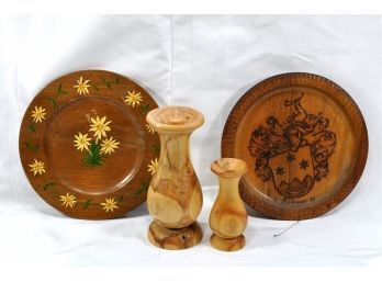 Lot Vintage Hand Made Wood Vases & Plates