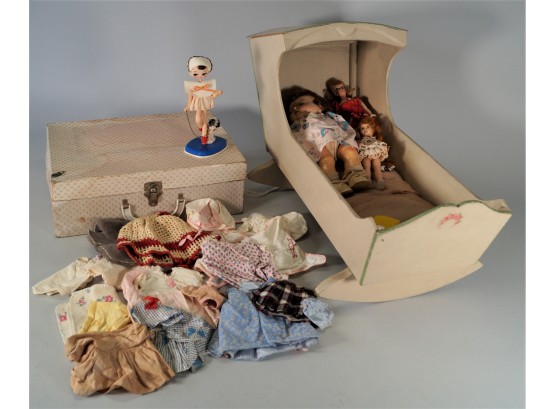 Vintage Doll Cradle, Dolls And Clothes