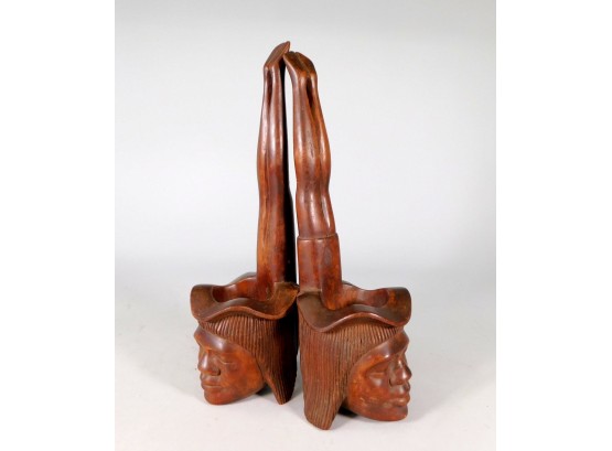 Pair Carved Wood Heads / Figures