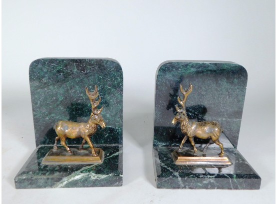 Vintage Deer On Green Marble Bookends