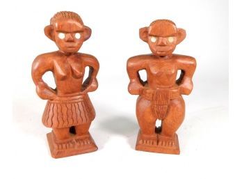 Pair Carved Wood Tribal Man & Woman Figures With MOP Eyes