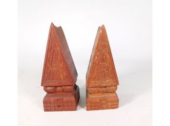 Pair Carved Wood Tribal Houses