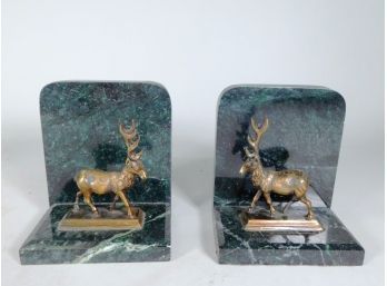 Vintage Deer On Green Marble Bookends