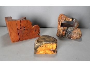 3 Burl Wood Hand Crafted Puzzle Boxes