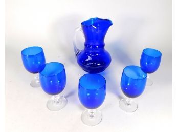 Vintage Blue Glass Pitcher & Five Glasses Set