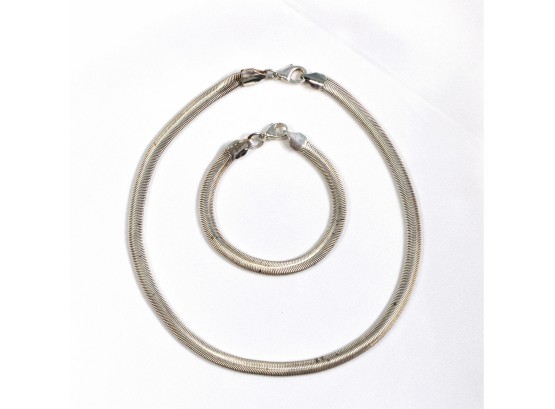 Vintage Herring Bone Necklace & Bracelet Sterling Silver Set