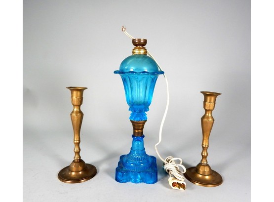 Vintage Blue Glass Lamp & Pair Of Brass Candle Holders