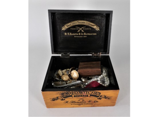 Wooden Cigar Box Filled With Jewelry