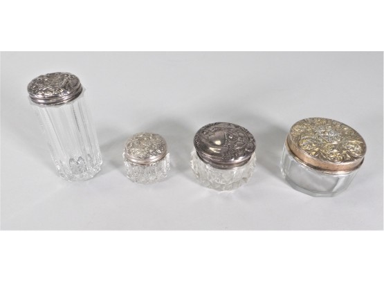 4 Antique Glass & Silver Vanity Jars