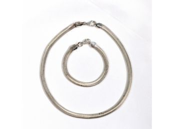 Vintage Herring Bone Necklace & Bracelet Sterling Silver Set