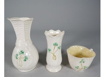 Lot Vintage BELLEEK SHAMROCK Vases & Cup