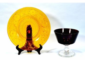 Vintage Glass Lot: Trapped Bubbles Large Goblet, Depression Glass Platter