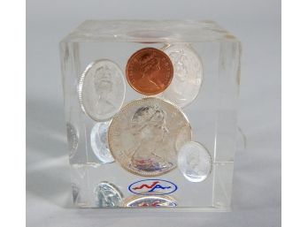 Vintage Clear Lucite Paperweight With 1976 Canadian Coins