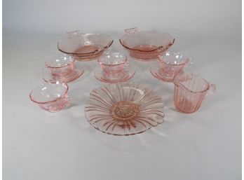 2 Pieces Of Antique Pink Depression Glass  - 9 Reproduction Pieces