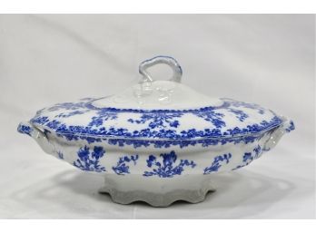 Antique / Vintage English Blue & White Porcelain Covered Serving Dish