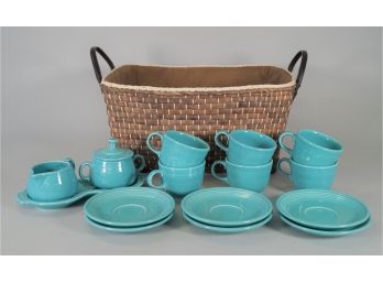 Repro Turquoise Fiesta Ware Set And Basket.