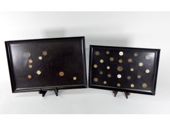 Lot 2 Mid Century Couroc Of Monterey Trays Inlaid With Coins