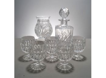 Waterford Vase, Royal Doulton Decanter, Glasses