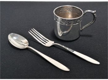 Lullabye Sterling Baby Cup, Child Fork And Spoon Set