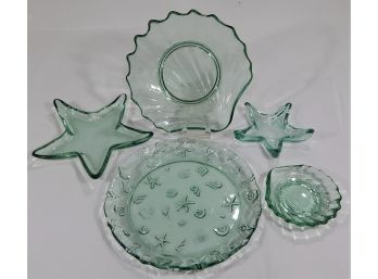 Set Of Green Glass Seashell Theme Serving Dishes