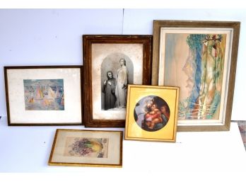Lot 5 Antique Wooden Picture Frames W/ Prints & Paintings