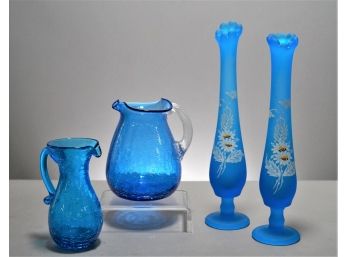 Vintage Pair Westmoreland Bud Vases And Two Crackle Pictchers