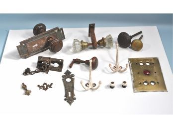 Antique / Vintage Brass Hardware Lot: Door Knobs, Door Safety Chain, Etc