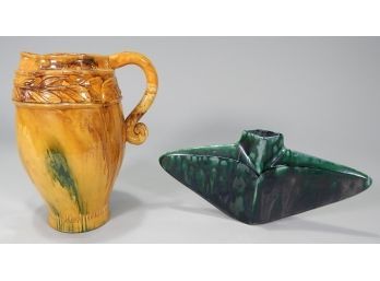 Large Majolica Pitcher And Spearhead Shaped Vase