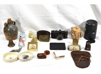 Vintage Estate Lot: Brass Bell, Pewter Horse, Art Pottery Vase, Paperweight, Camera Etc.