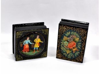 Pair Vintage Russian Palech Lacquered Hand Painted Boxes - Signed