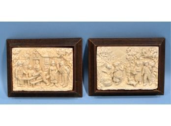 Pair Vintage High Relief Framed Plaques Peasants Life Scenes