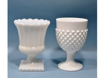 Pair Vintage Milk Glass Footed Pedestal Goblets/ Vases