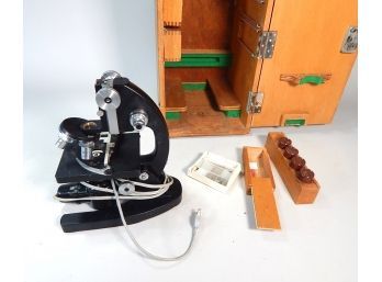 Vintage Japanese Hospital Microscope With Wooden Box, Light & Accessories