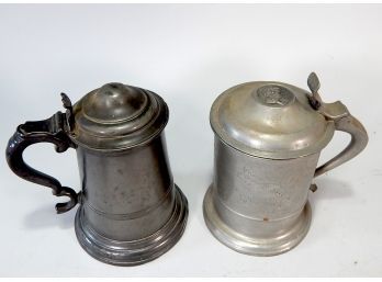 Pair Antique Pewter Steins Medallion On Lid