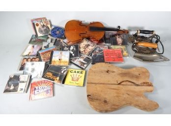 Estate Box Lot Of Miscellaneous Items- CD'S, Old Violin, Irons, Etc.