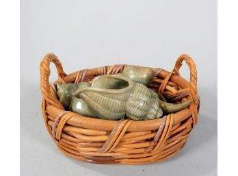 Set 4 Pottery Shells In Woven Basket