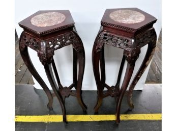 Pair Of Chinese Plant Stands With Marble Tops