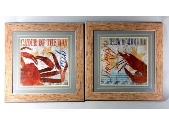 Pair Framed Seafood Prints: Crab & Shrimp