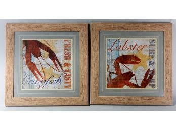 Pair Framed Seafood Prints: Crawfish & Lobster